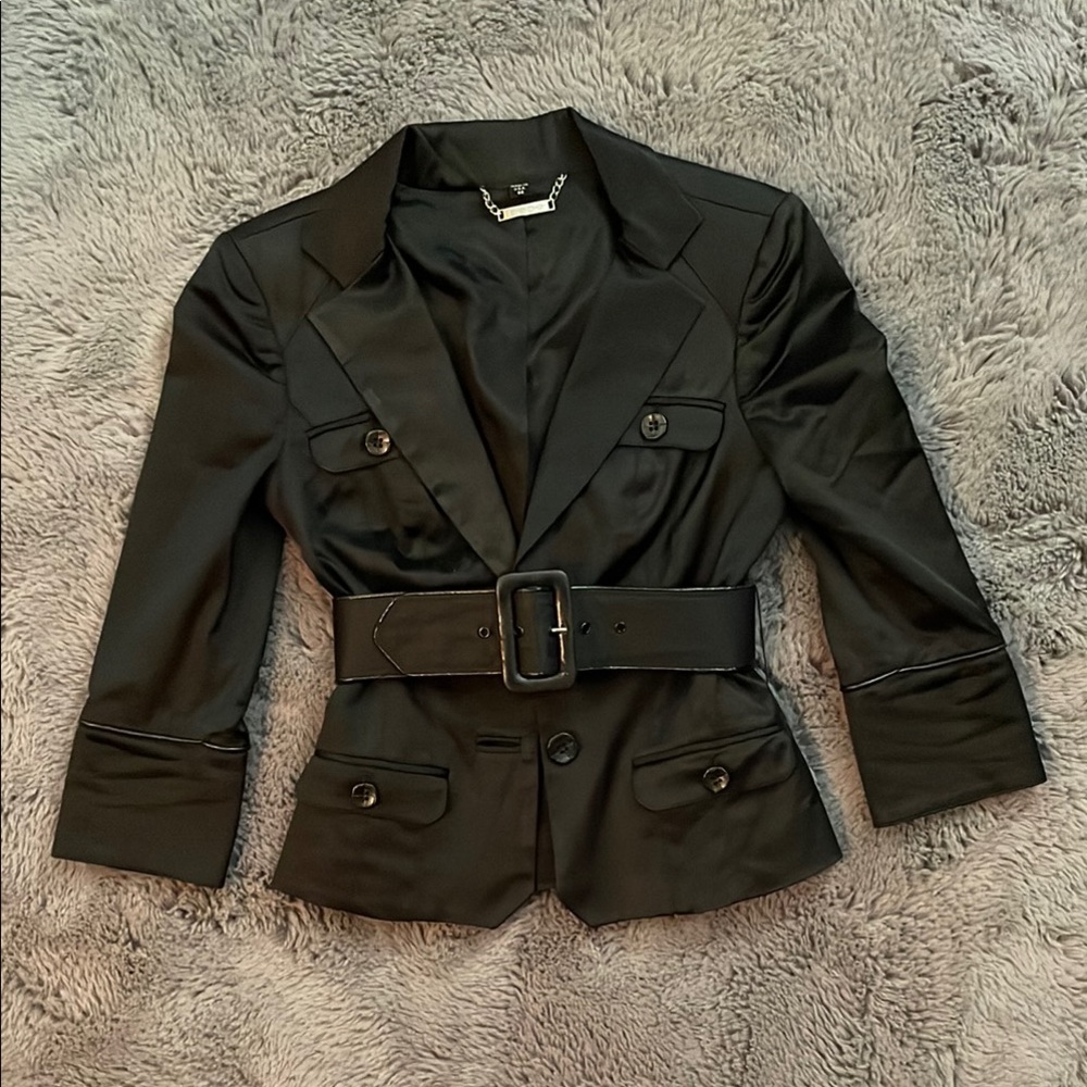 Bebe Black Military 3/4 Sleeve Belted Blazer Jacket
